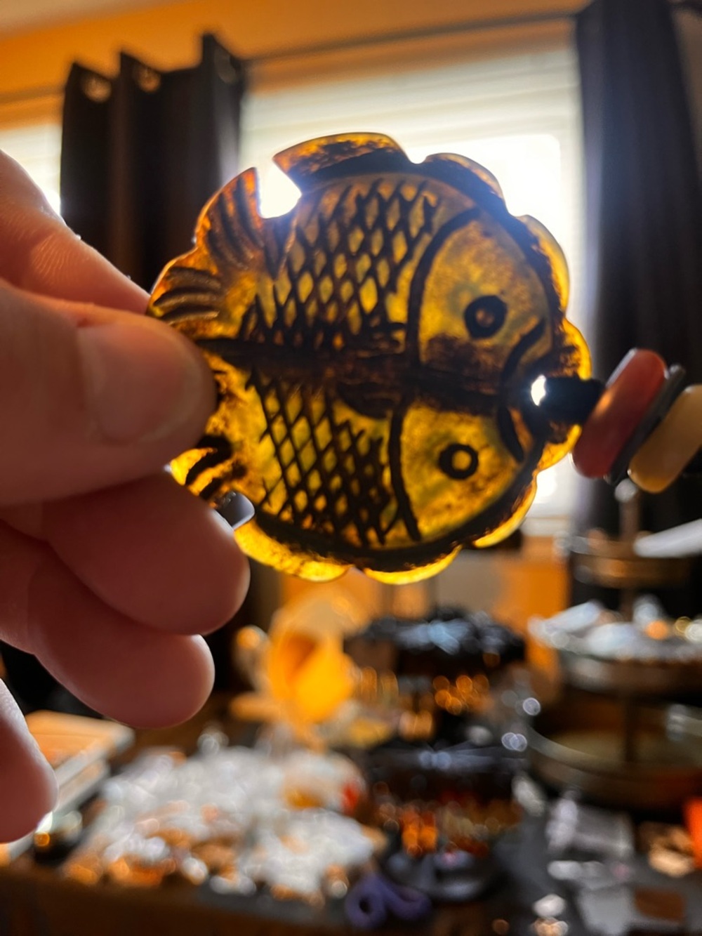 Unusual vintage hand carved jade and nephrite double fish with medallion Chinese